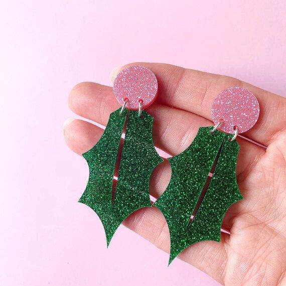 Holly Jolly Glitter Leaf Earrings, Christmas Berries, Wreath Earrings, Christmas Party Dangle Ear... | Etsy (US)