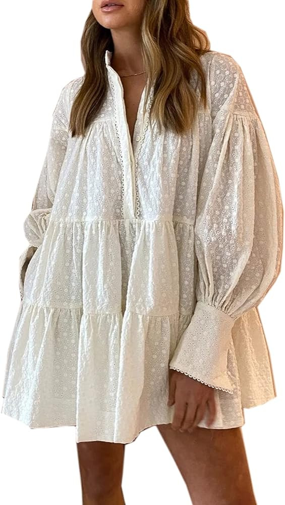 Roiii Women A-Line Lace Loose Baroque Button Down Long Sleeve Casual Dresses V Neck Embroidery Pa... | Amazon (US)
