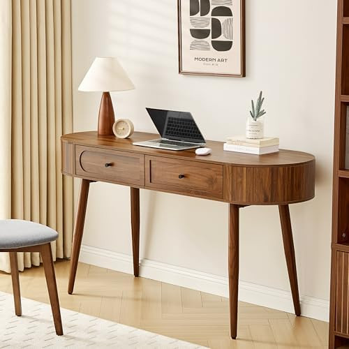 Mid-Century 59" Wood Writing Desk, Home Office Computer Laptop Desk with 2 Flip Storage Space + 2... | Amazon (US)