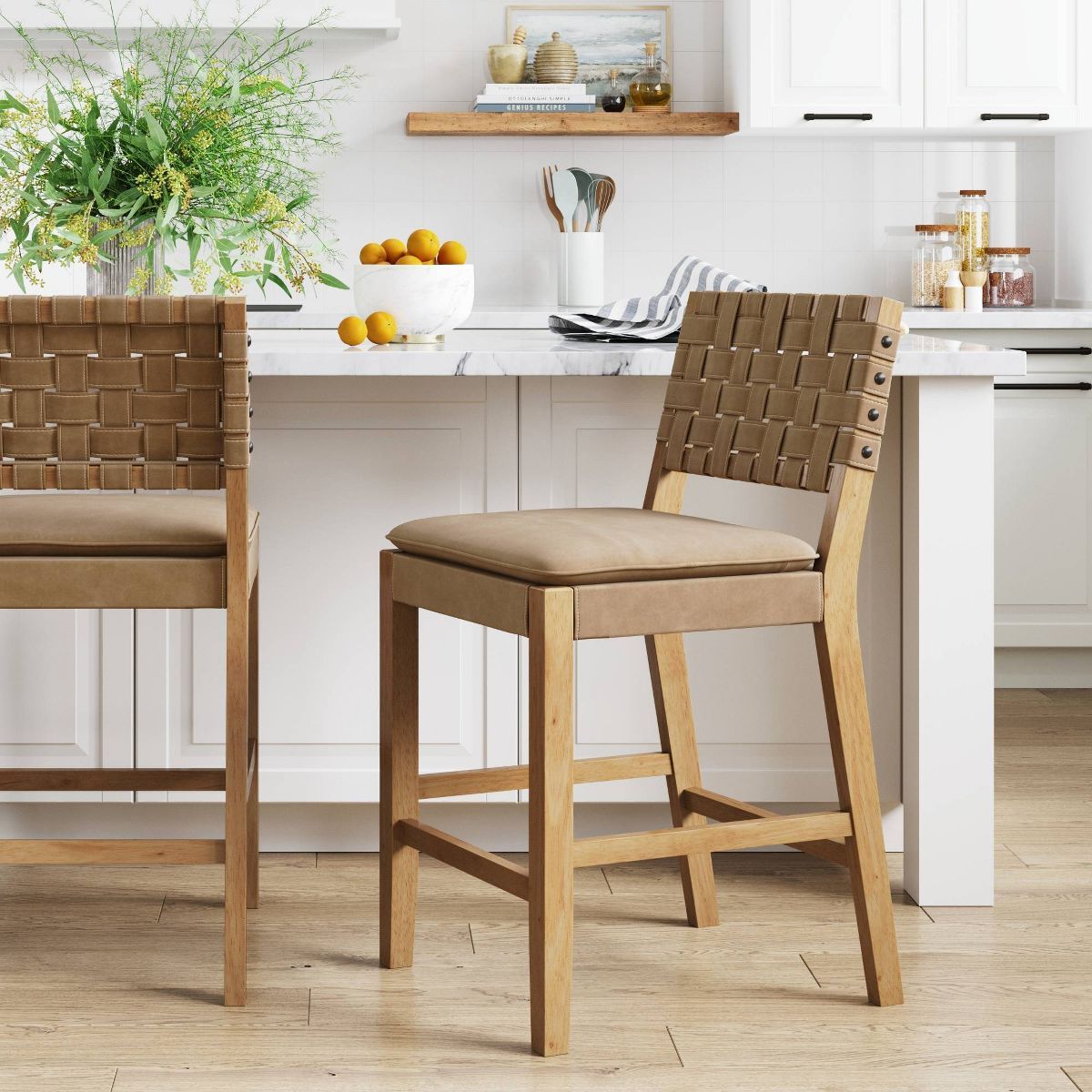Faux Leather Woven Counter Height Barstool Warm Pine/Brushed Light Brown - Nathan James | Target