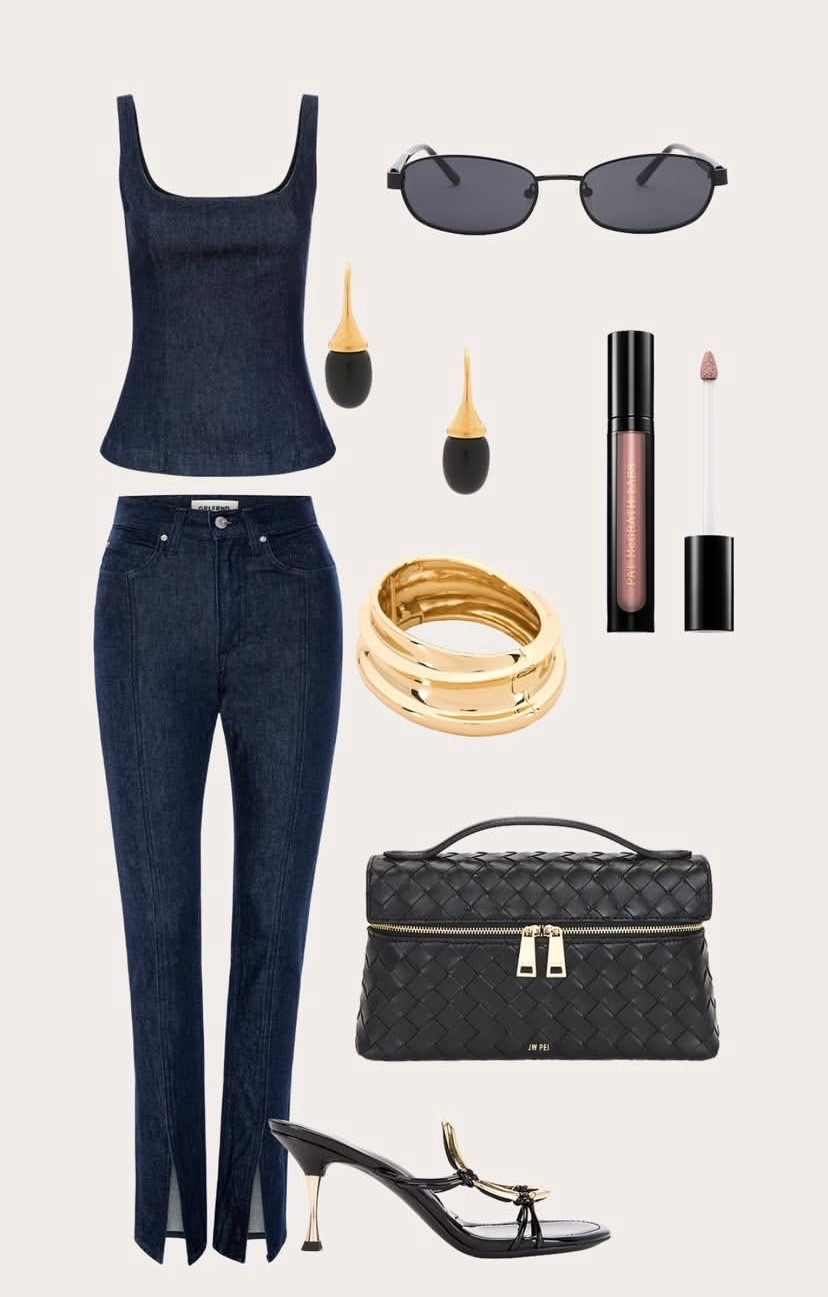 Denim outfit inspo 🫐

#outfit #ootd #bag #sandals #earrings bracelet lipstick sunglasses 

#LTKootd #LTKOver40 #LTKgrwm