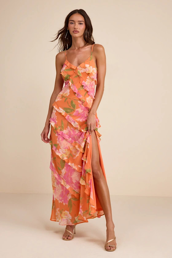 Zarina Orange Multi Floral Ruffled Maxi Dress | Resort Wear 2025 | Resort Looks | Lulus