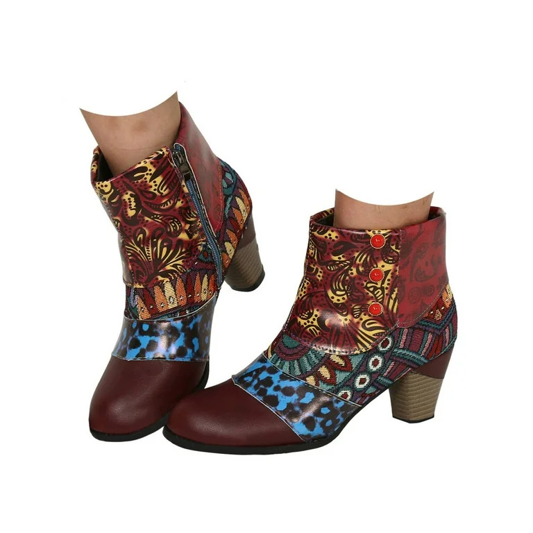 Mepaouo Women's Ankle Boots Retro Heel Bohe Cowboy Cowgirl Zipper Slip on Western Booties | Walmart (US)