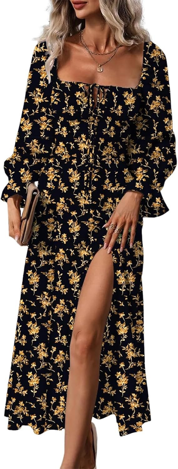 BLENCOT Womens Casual Square Neck Long Sleeve Boho Floral Midi Dress Print Side Split Dresses | Amazon (US)