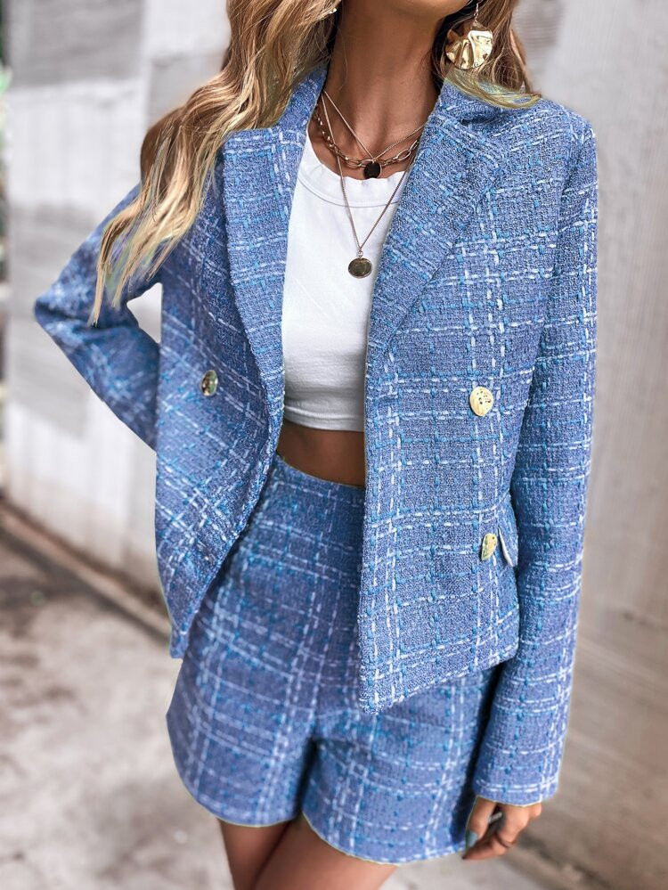 Double Breasted Flap Detail Tweed Blazer | SHEIN