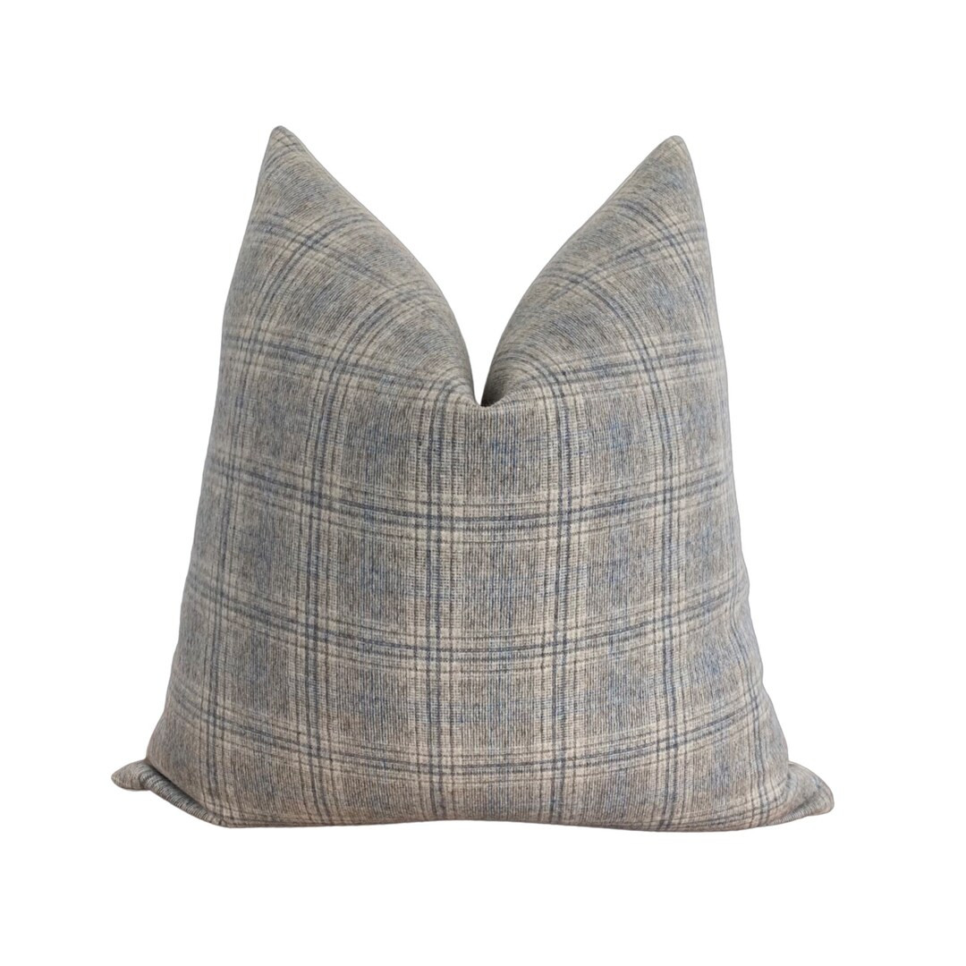 Oatmeal Beige and Blue Plaid Check Throw Pillow Cover, Square or Lumbar Pillow Cover, Cover Only | Etsy (US)