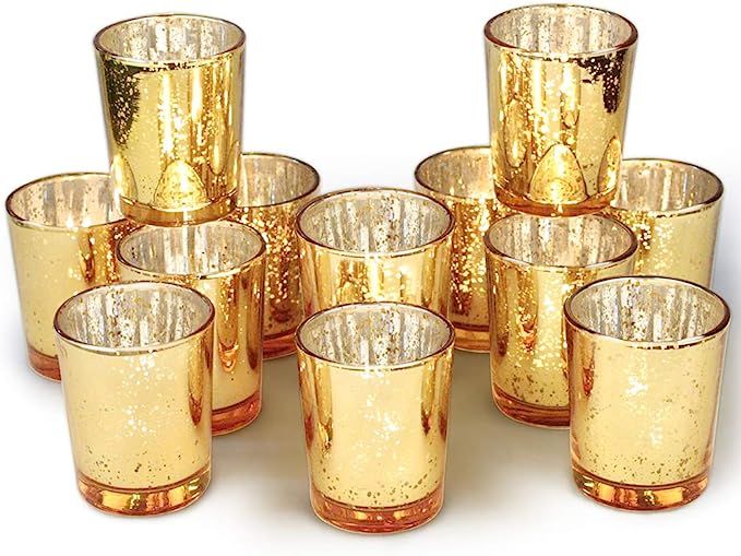 Volens Gold Votive Candle Holders Bulk, Mercury Glass Tealight Candle Holder Set of 12 for Weddin... | Amazon (US)