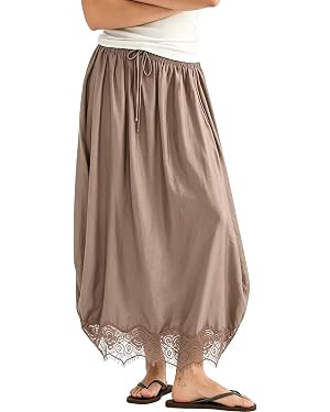 Tanming Women's Cropped Lace Hem Midi Skirts with Pockets | Drawstring High Waist, Midi length, D... | Amazon (US)
