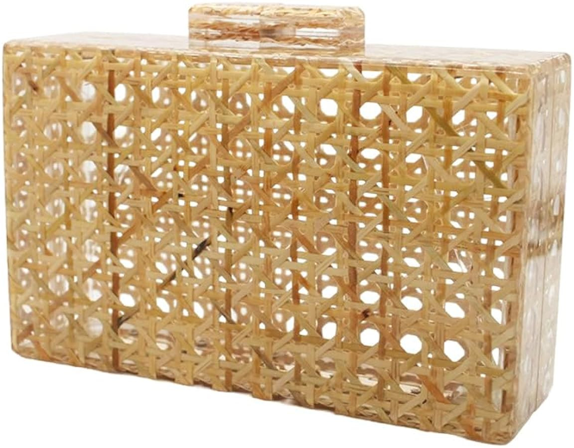 Women Acrylic Handbag Rattan Woven Pattern Square Box Crossbody Handbag Shoulder Bag Chain Purse | Amazon (US)