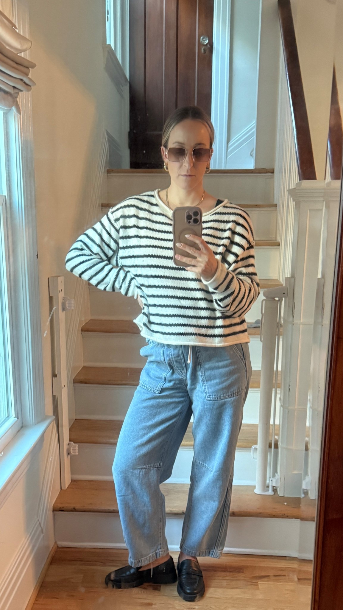 Postpartum Week 3 Outfit for dinner - gap jeans, Amazon sweater, Steve Madden loafers, quay sunglassess

#LTKStyleTip