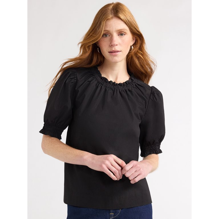 Free Assembly Women's Cotton Ruffle Top with Puff Sleeves, Black, Sizes XS-XXL | Walmart (US)
