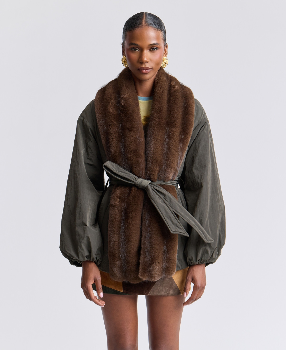 Avec Les Filles Women's Belted Faux-Fur-Trim Shawl Collar Puffer Jacket - Macy's | Macy's