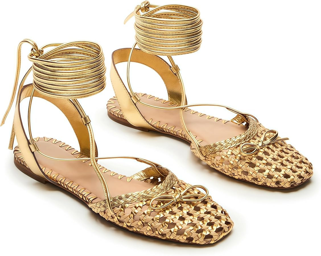 Woven Ballet Flats for Women Lace Up Closed Square Toe Summer Flats Shoes | Amazon (US)