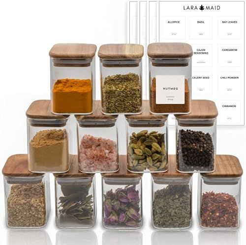 Laramaid Glass Jars Set, Square Spice Jars with Acacia Wood Lids and Customized Labels, 7oz 12Pac... | Amazon (US)
