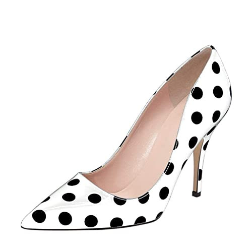 YDN Women Chic Pointed Closed Toe Mid Heel Pumps Slip on Stilettos Slide Dress Shoes for Party 15 White Polka Dot | Amazon (US)