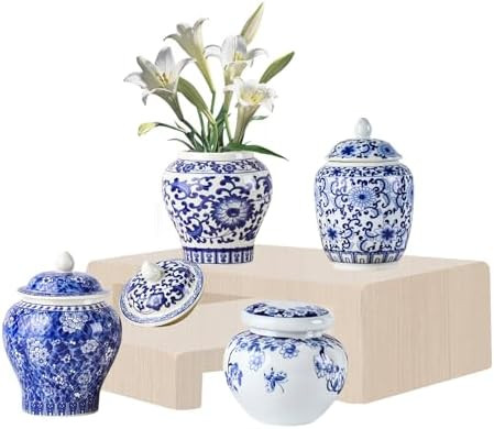 Set of 4 Small Blue and White Vintage Vase Porcelain Ginger Jars Mini Chinoiserie Vase for Home B... | Amazon (US)