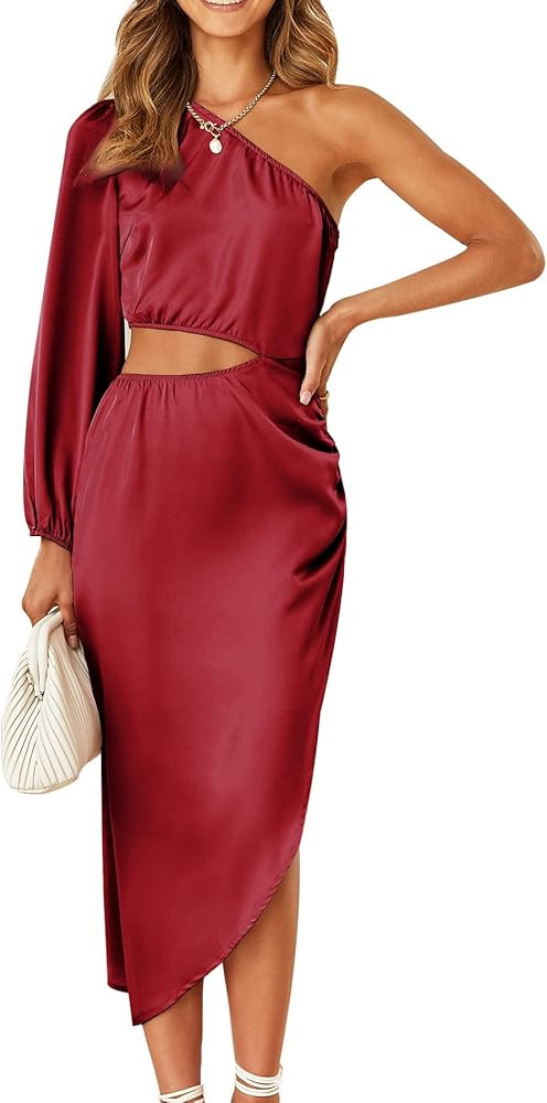 PRETTYGARDEN Women's 2023 Spring Satin Midi Dress One Shoulder Long Sleeve Cutout Split Bodycon C... | Amazon (US)