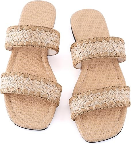Mtzyoa Women's Sandals Casual Braided Dressy Summer Square Toe Quilted Flat Sandals | Amazon (US)