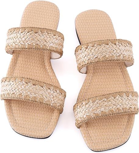 Mtzyoa Women's Sandals Casual Braided Dressy Summer Square Toe Quilted Flat Sandals | Amazon (US)