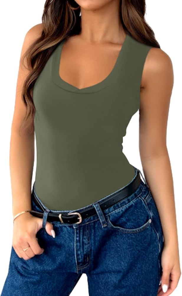 WAYMAKER Womens Sleeveless Bodysuits Sexy V Neck Double lined Tank Tops Body Suit | Amazon (US)