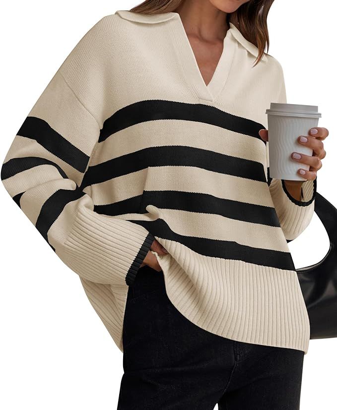 ZESICA Women's 2024 Winter Sweaters Lapel V Neck Long Sleeve Striped Chunky Knit Oversized Pullov... | Amazon (US)