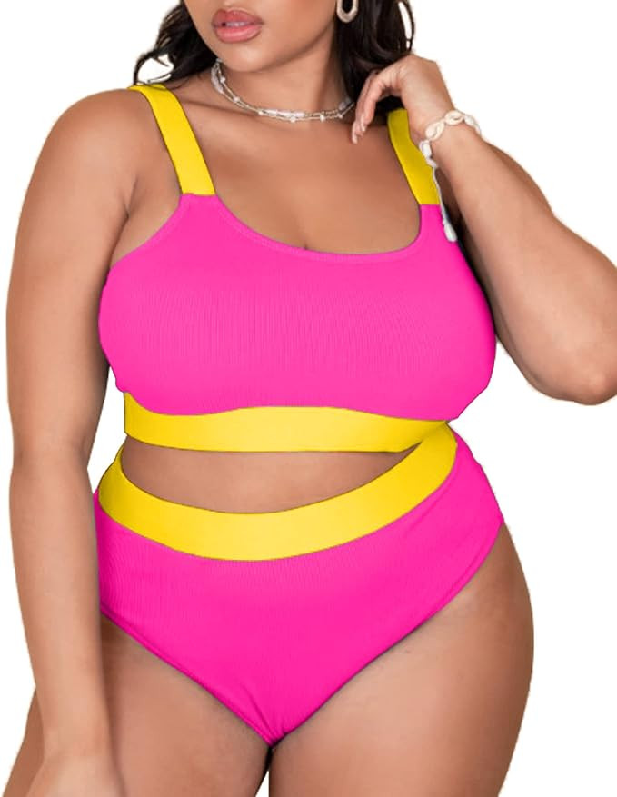 ZINPRETTY Plus Size High Waisted Bikini Set Womens Swimsuit Cheeky Two Piece Sports Color Block B... | Amazon (US)
