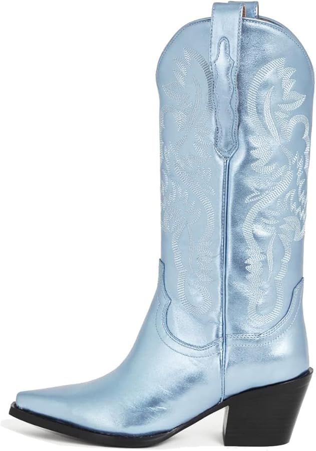 keleimusi Women's Embroidered Metallic Cowboy Boots Western Wide Calf Cowgirl Boots Pull-On Point... | Amazon (US)