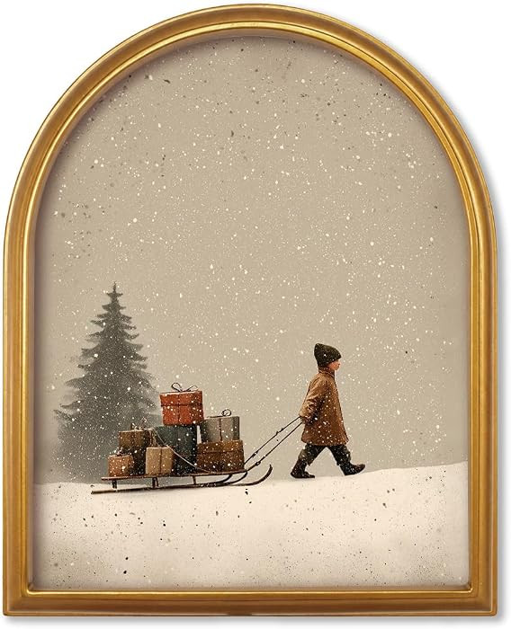TwoDays Vintage Christmas Sled 11" x 13.8" Gold Arched Framed Wall Art | Amazon (US)