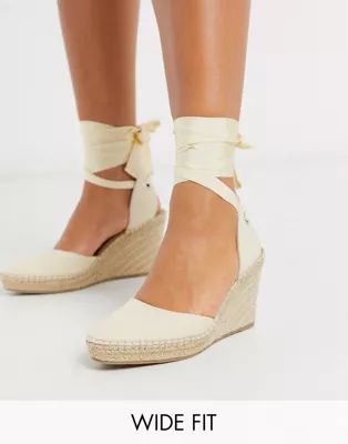 ASOS DESIGN Wide Fit Time tie leg espadrille wedges in natural | ASOS (Global)