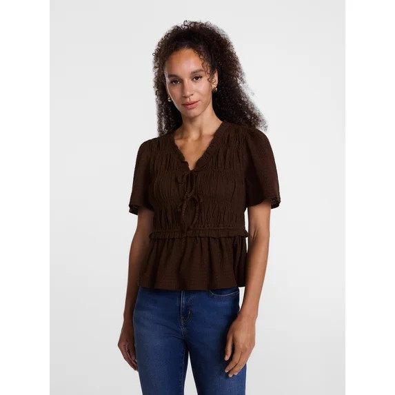 Scenario Women's and Women's Plus Textured Tie Front Top, Sizes XS-4X | Walmart (US)