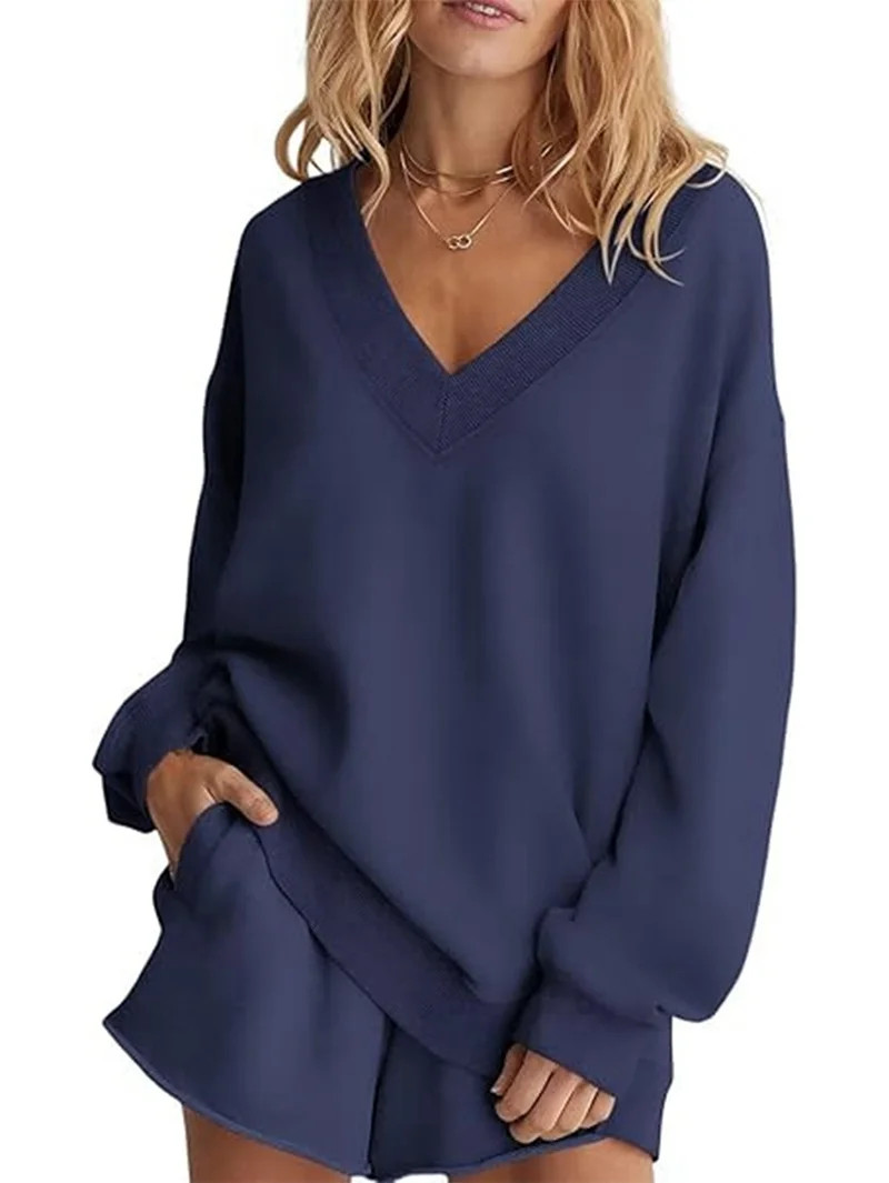 Womens V Neck 2 Piece Outfits Casual Loose Fit Long Sleeve Top and High Waisted Shorts Lounge Set... | Walmart (US)