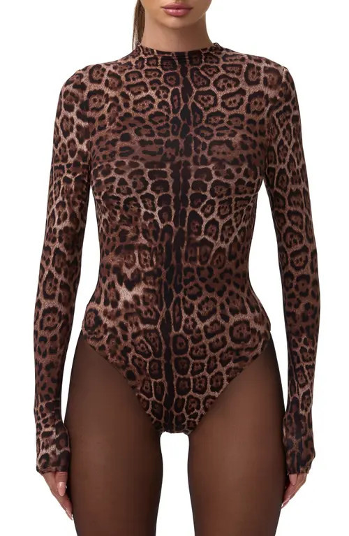Naked Wardrobe Naked Snakeskin Print Long Sleeve Bodysuit in Brown Leopard at Nordstrom, Size Large | Nordstrom