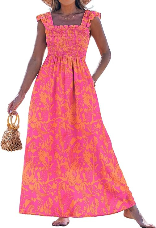 popvil Women Maxi Dress 2026 Summer Spaghetti Strap Spring Long Boho A-Line Flowy Dress Casual Sl... | Amazon (US)