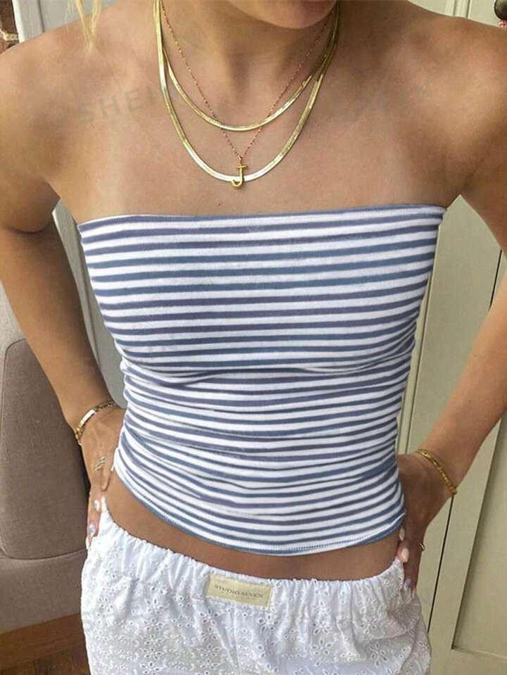 SHEIN EZwear Casual Color-Blocked Striped Slim Fit Cropped Tube Top For Summer | SHEIN USA | SHEIN