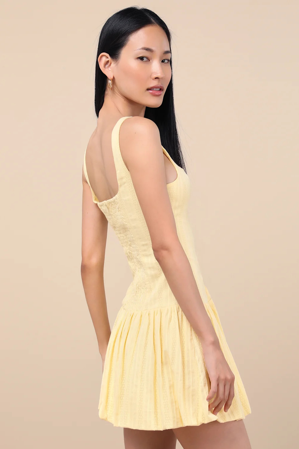 Khamari Yellow Textured Drop Waist Bubble-Hem Mini Dress | Lulus