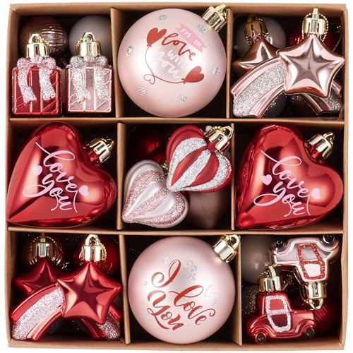 Valery Madelyn 35Pcs Valentines Heart Shaped Ornaments Gift Pack, Christmas Craft Painted Tree Heart Decorations, Pink Red Silver Christmas Baubles Hanging Party Wedding Anniversary Decor | Amazon (US)