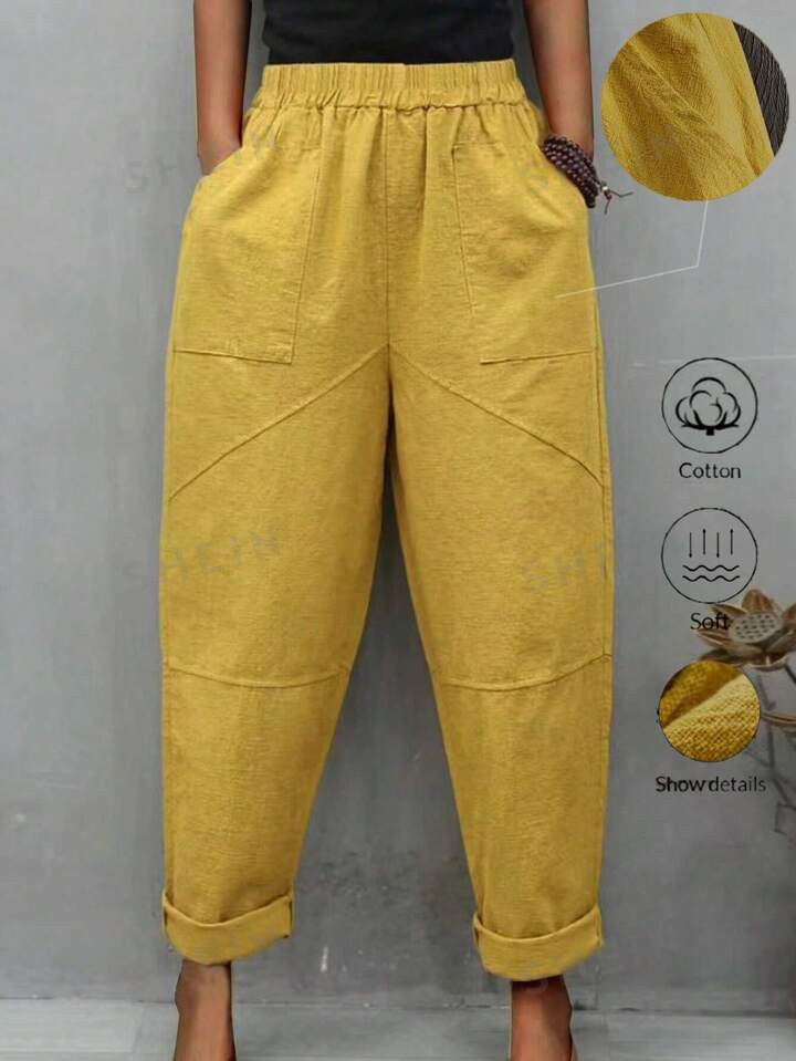 SHEIN JORESS Women Elastic Waist Solid Color Cone-Shaped Loose Casual Trousers With Pockets | SHE... | SHEIN
