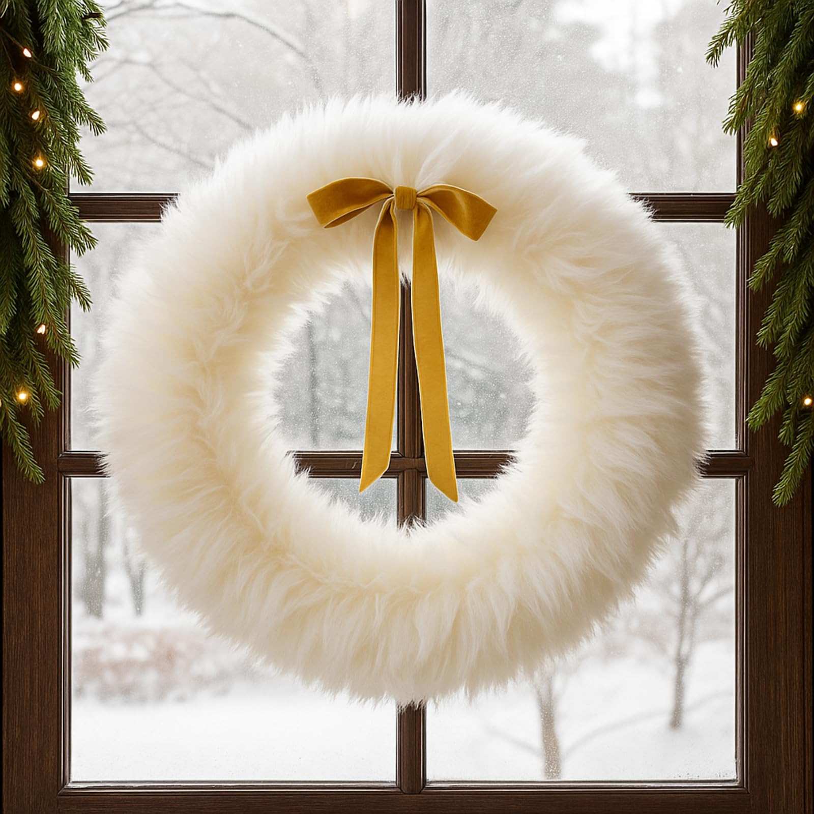 Christmas Wreath for Front Door White Faux Fur Wreath with Bow 14 Inch Furry Decor for Outdoor In... | Amazon (US)