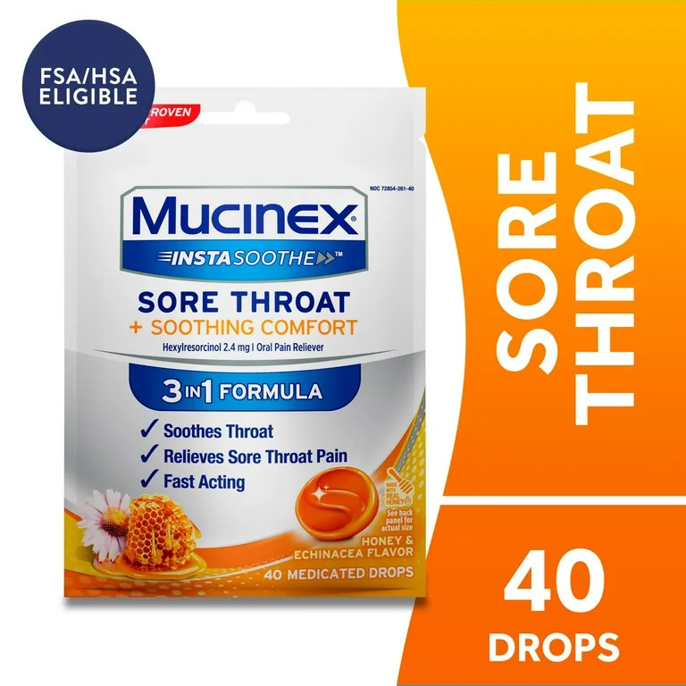 Mucinex Instasoothe Sore Throat Lozenges, Honey & Echinacea Flavor, FSA Eligible, 40 Count | Walmart (US)