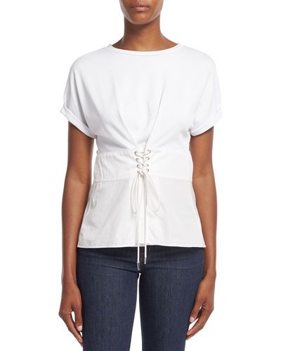 Short-Sleeve W/ Corset Waist Top, White | Neiman Marcus