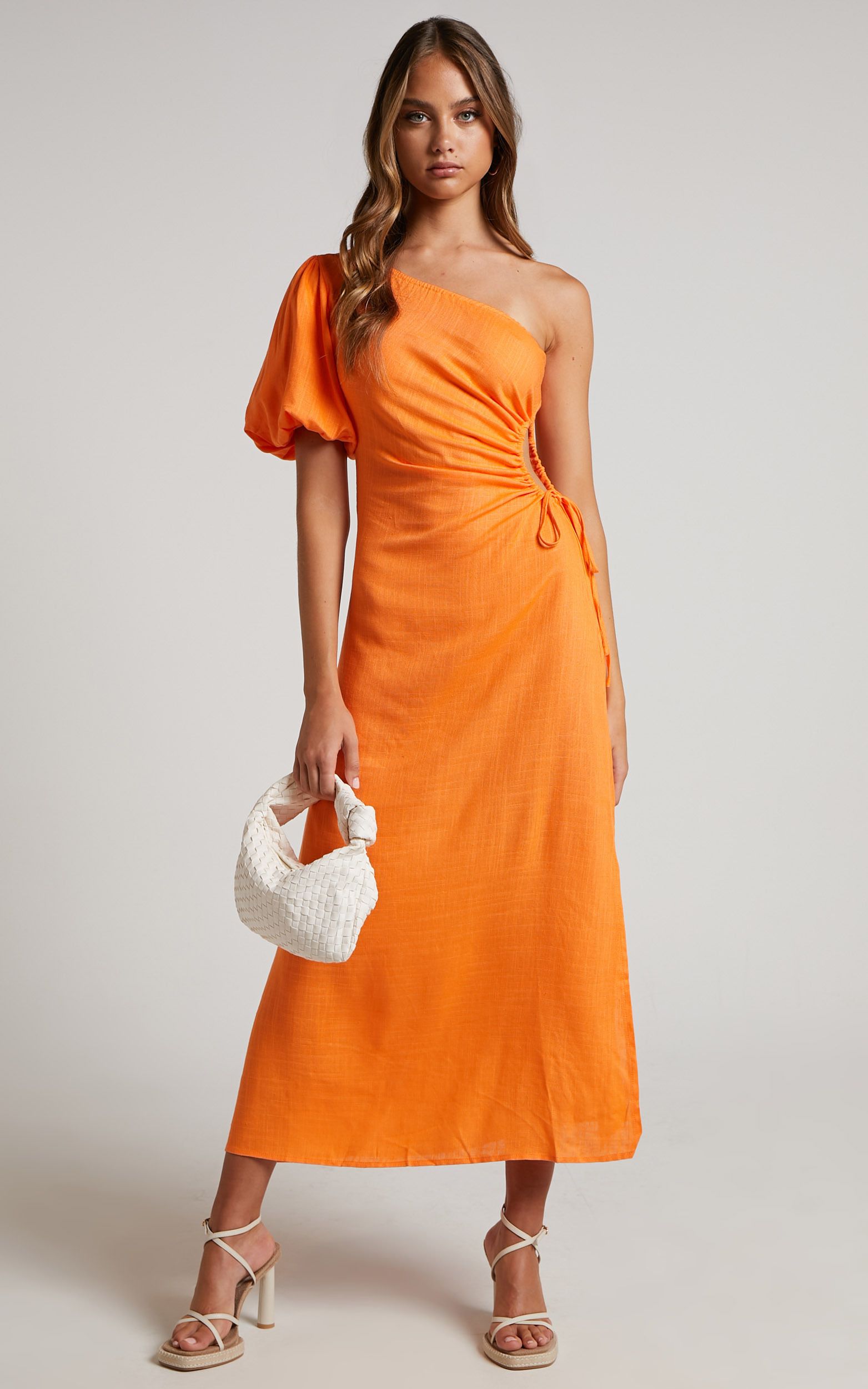 Victoria Midi Dress - One Shoulder Puff Sleeve Cut Out Dress in Orange | Showpo (US, UK & Europe)