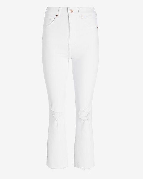 High Waisted White Ripped Raw Hem Cropped Flare Jeans | Express