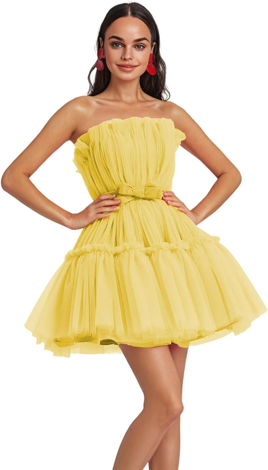 Strapless Tulle Prom Dresses for Women Flowy Short Ruffle A-line Evening Party Dresses for Women | Amazon (US)
