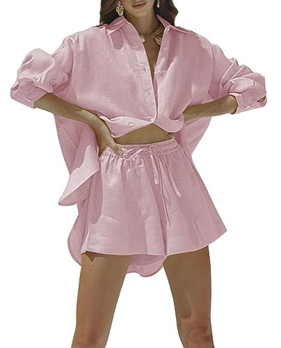 Fixmatti Women Casual 2 Piece Outfit Set Button Down Tracksuit Sweatsuit Long Sleeve Shirt Loose High Waisted Mini Shorts Pink S | Amazon (US)