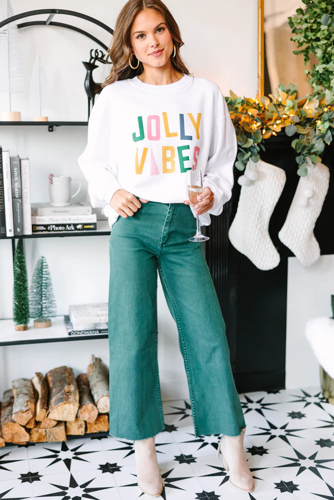 Jolly Vibes Only White Corded Graphic Sweatshirt | The Mint Julep Boutique