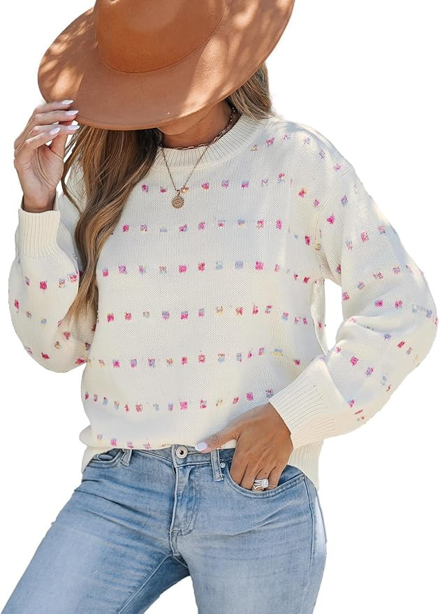 CUPSHE Womens Sweaters Rainbow Dots Long Sleeve Sweater Crewneck Lightweight Knit Pullover Sweate... | Amazon (US)