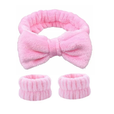 Alilang Plush Bow Spa Headband and Wristband Set for Face Washing and Skincare- Pink | Target