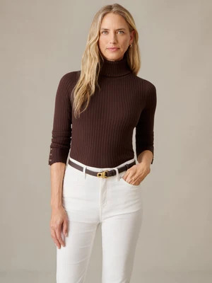 J.McLaughlin Women's Arlette Turtleneck Top Dark Chocolate, Size Large | Cotton/Spandex | J.McLaughlin