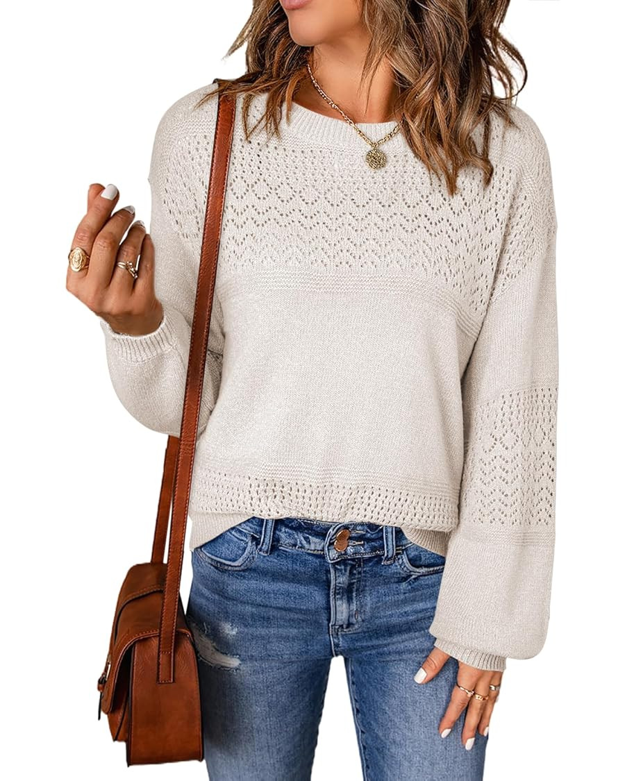 SHEWIN Women's Sweaters Casual Long Sleeve V Neck Lightweight Crochet Pullover Sweater Tops | Amazon (US)