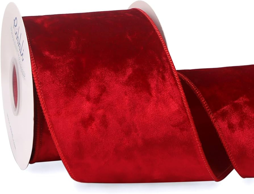Ribbli Red Velvet Wired Ribbon 4 Inch Metallic Red Gold Crushed Velvet Christmas Ribbon for Gift ... | Amazon (US)